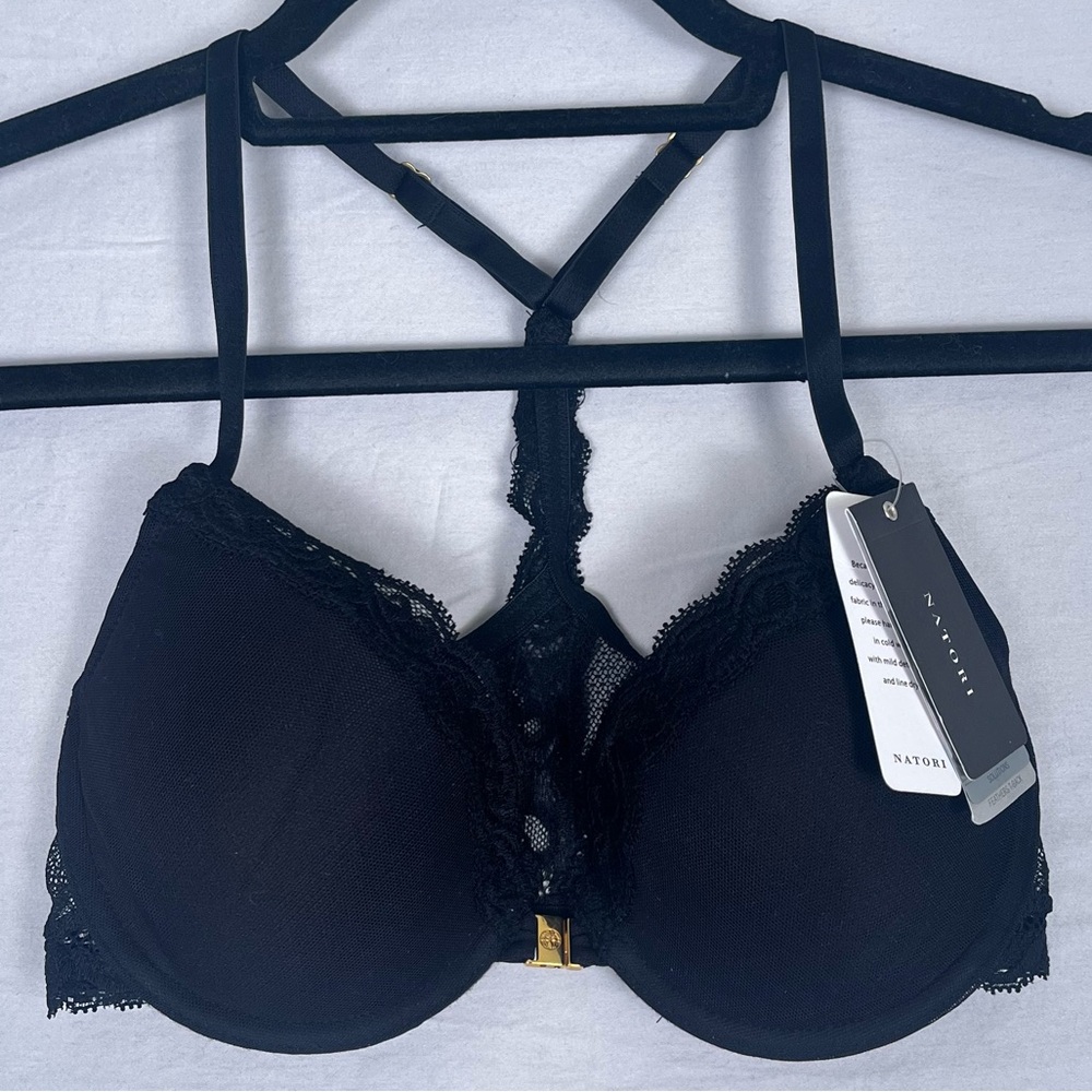 New Natori Bra Black Feathers T Back 32C Push Up Lace Front Closure New With Tag